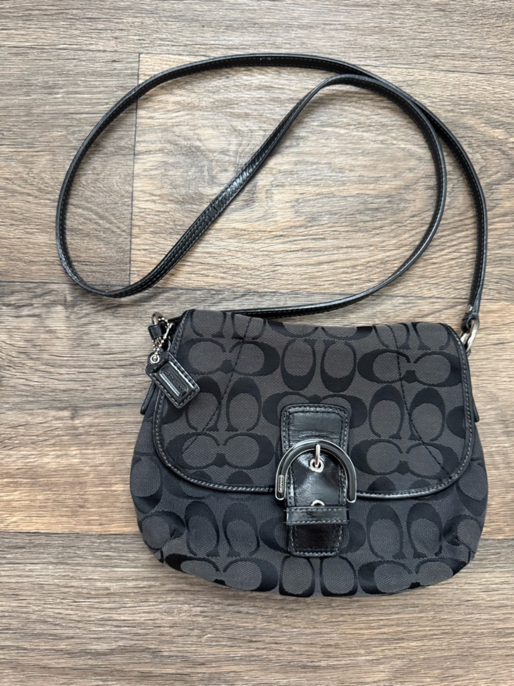 Coach SOHO Gray Black Signature Canvas Crossbody Bag with Leather Trim